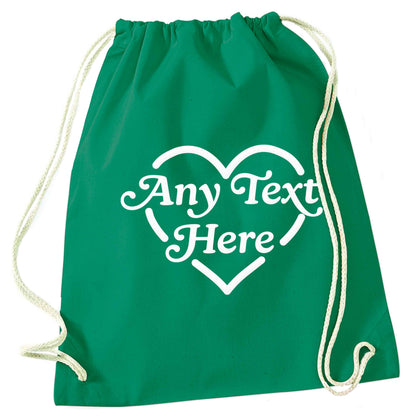 Any text inside heart green drawstring bag