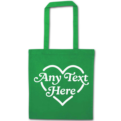 Any text inside heart green tote bag