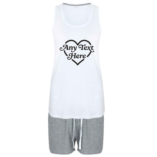 Any text inside heart size XL women's pyjama shorts set in pink 