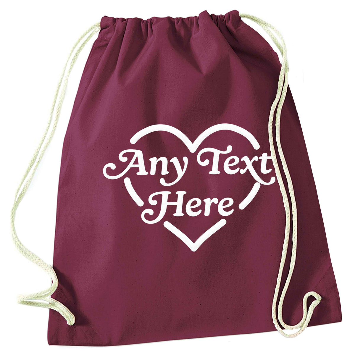 Any text inside heart maroon drawstring bag
