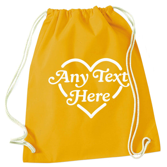 Any text inside heart mustard drawstring bag