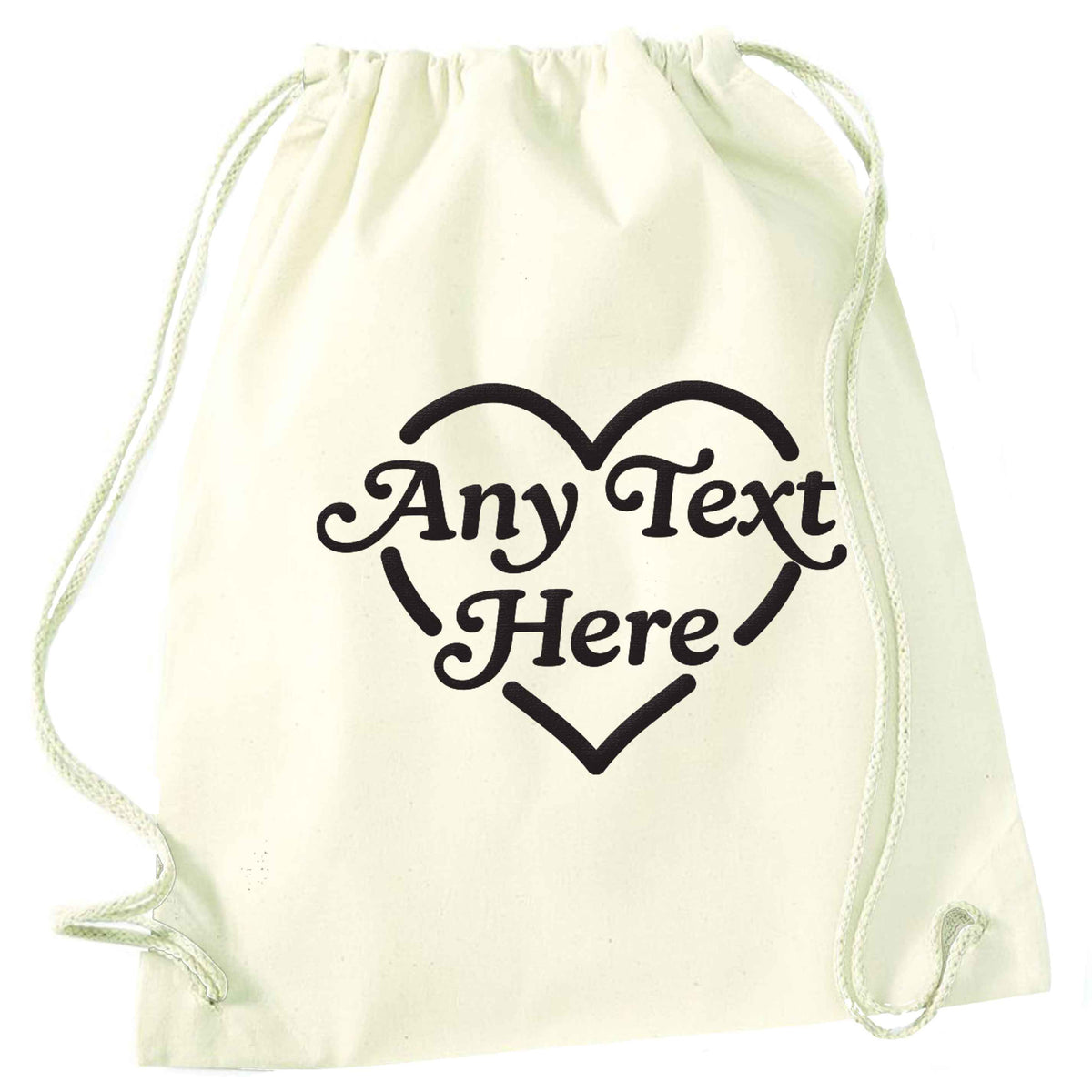 Any text inside heart natural drawstring bag