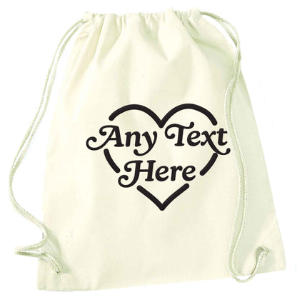 Any text inside heart natural drawstring bag
