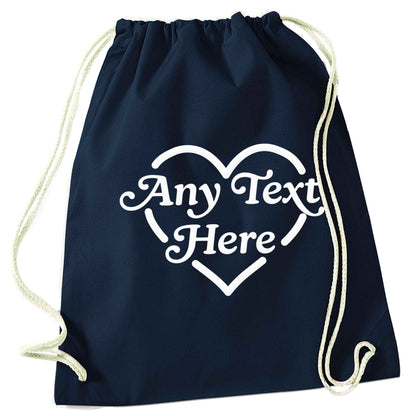 Any text inside heart navy drawstring bag