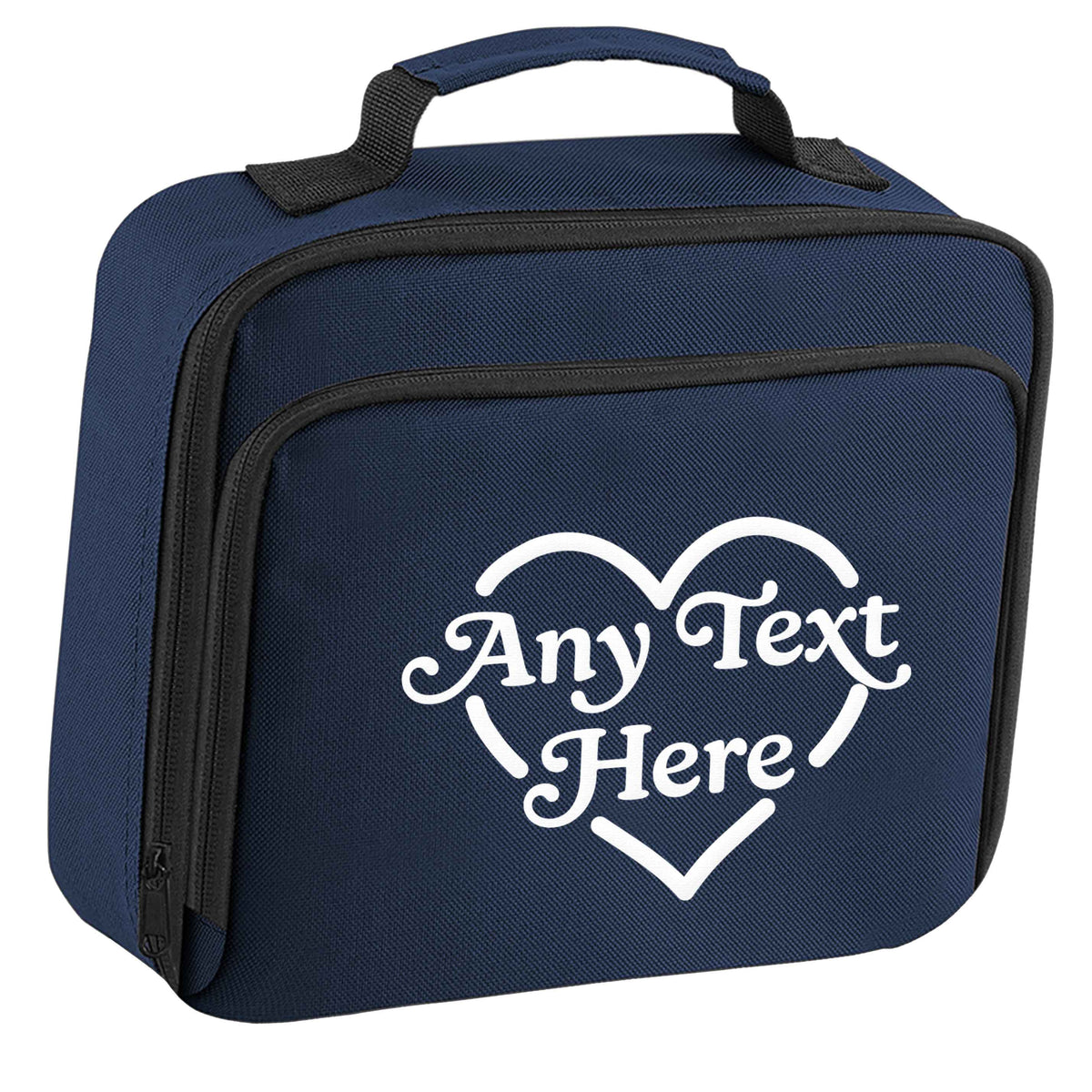 Any text inside heart insulated navy lunch bag cooler