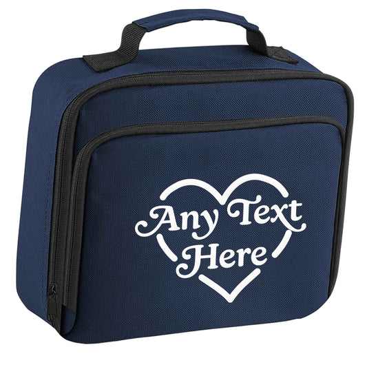 Any text inside heart insulated navy lunch bag cooler