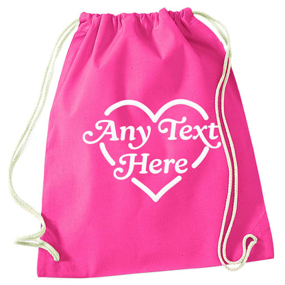 Any text inside heart pink drawstring bag