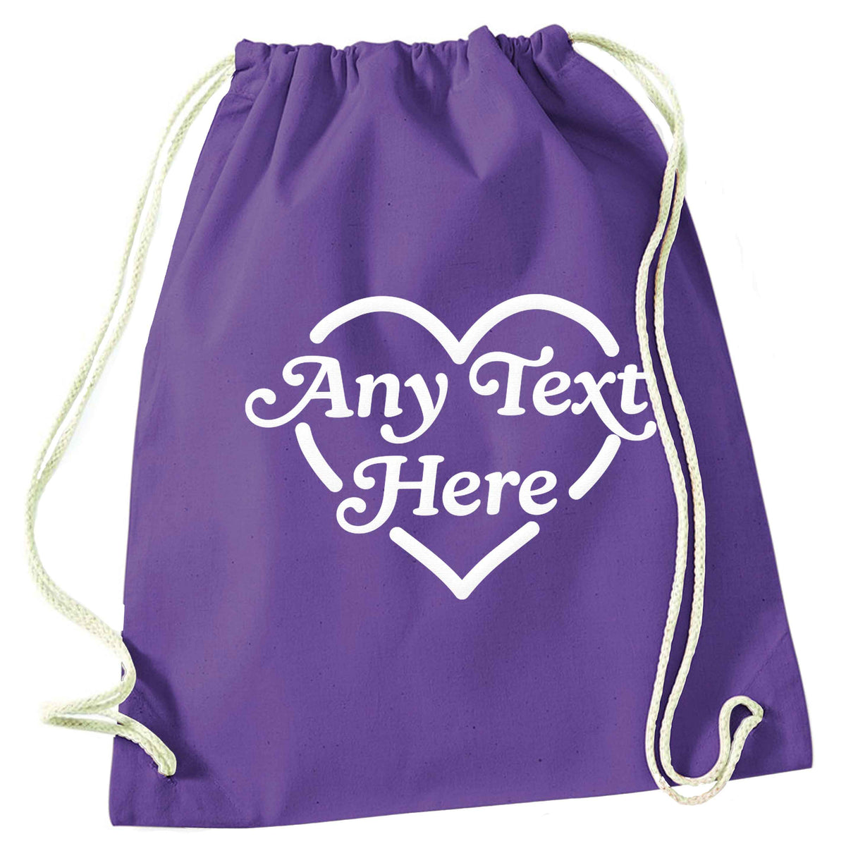 Any text inside heart purple drawstring bag