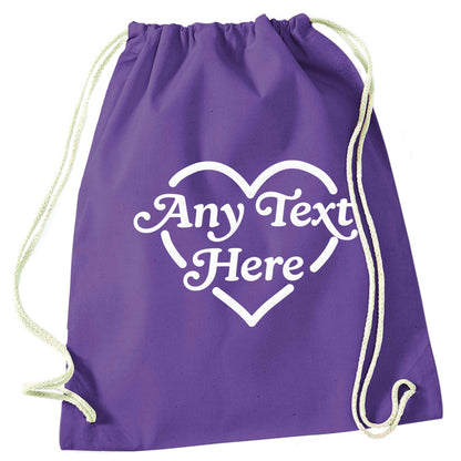 Any text inside heart purple drawstring bag