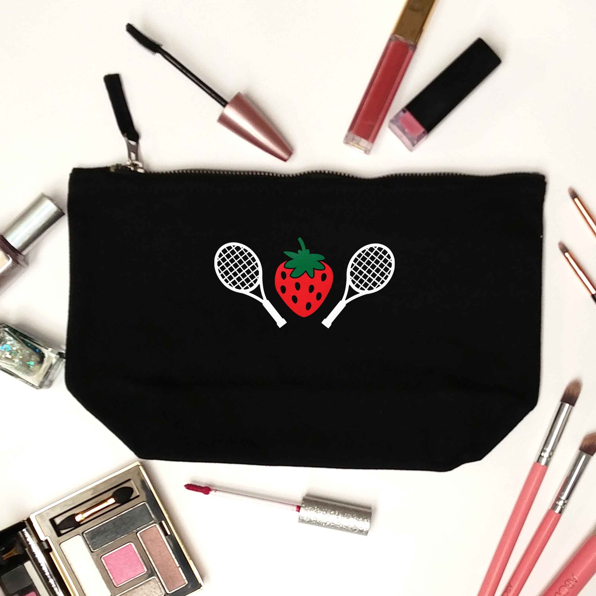 Strawberry and tennis black makeup bag