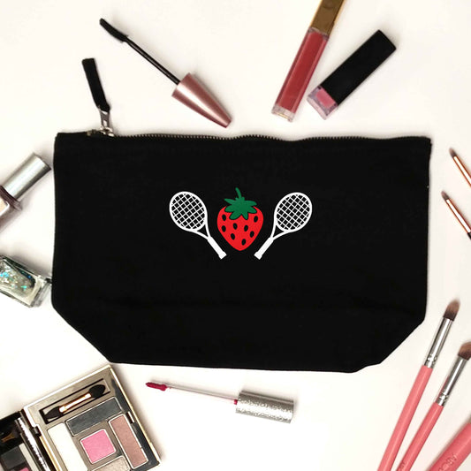 Strawberry and tennis black makeup bag