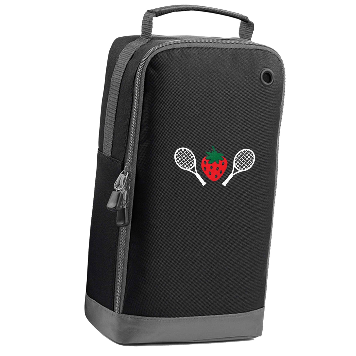 Strawberry and tennis black sports shoe bag vertical print