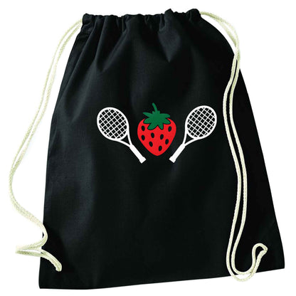 Strawberry and tennis black drawstring bag