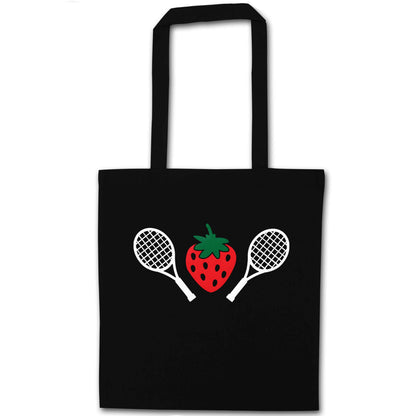 Strawberry and tennis black tote bag