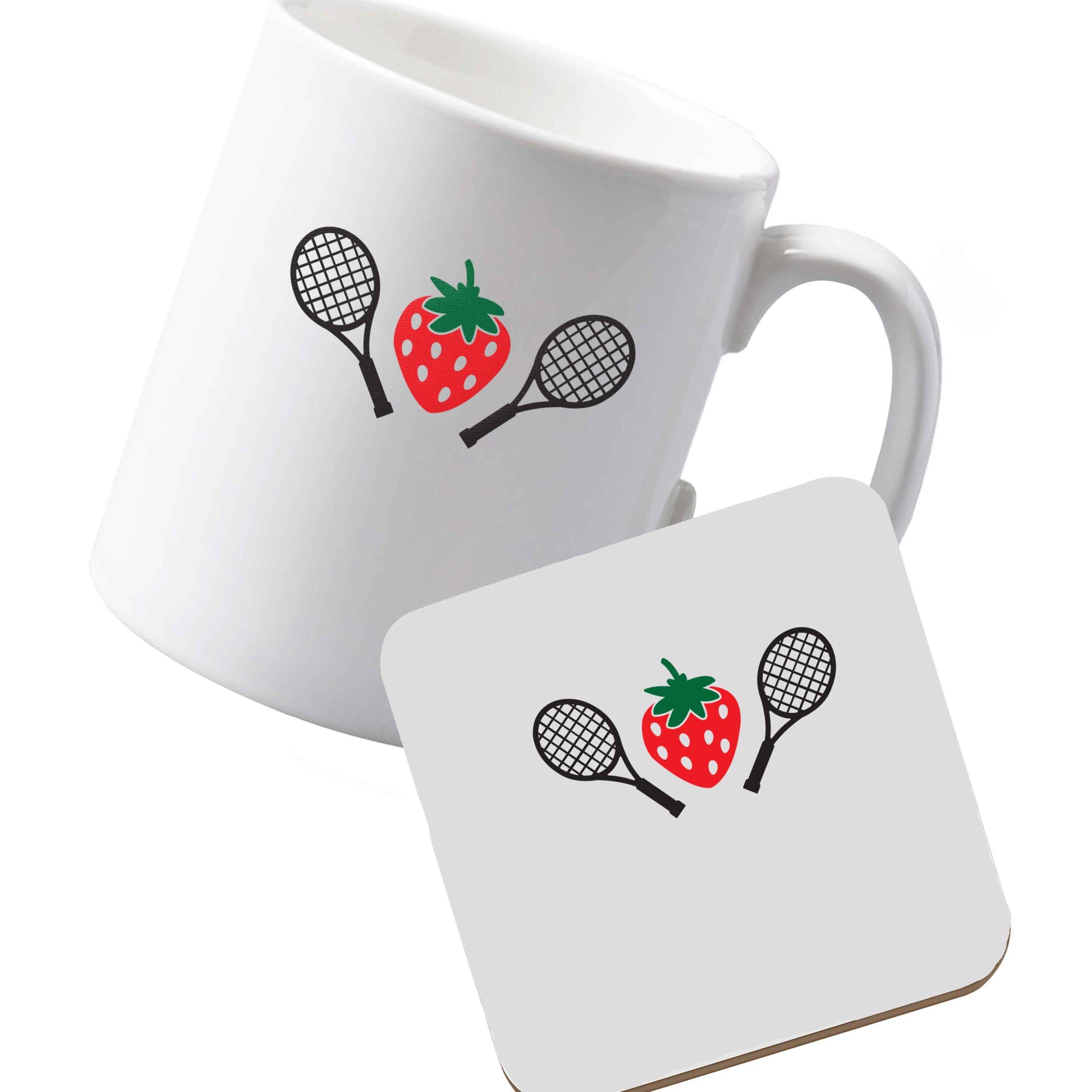 10 oz Ceramic mug and coaster Strawberry and tennis left sided