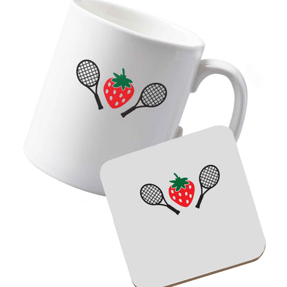 10 oz Ceramic mug and coaster Strawberry and tennis left sided