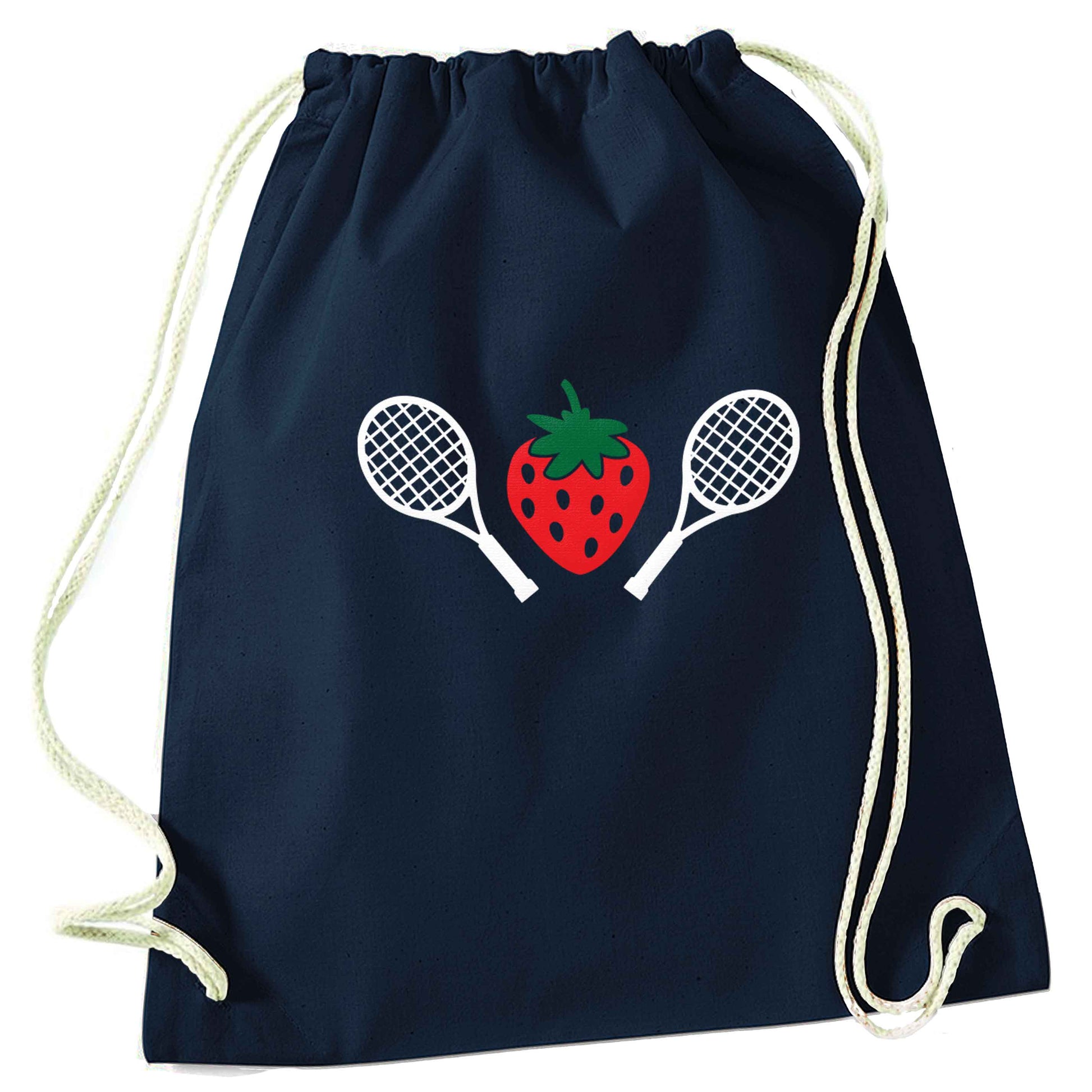 Strawberry and tennis navy drawstring bag