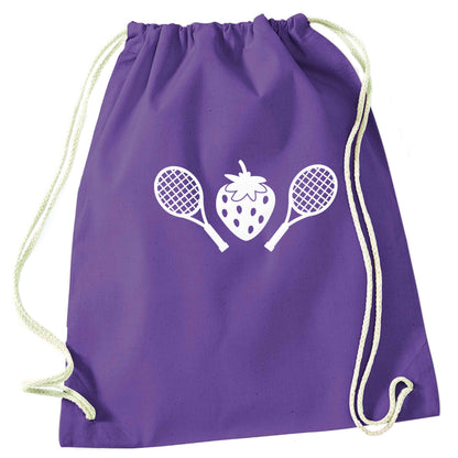 Strawberry and tennis purple drawstring bag