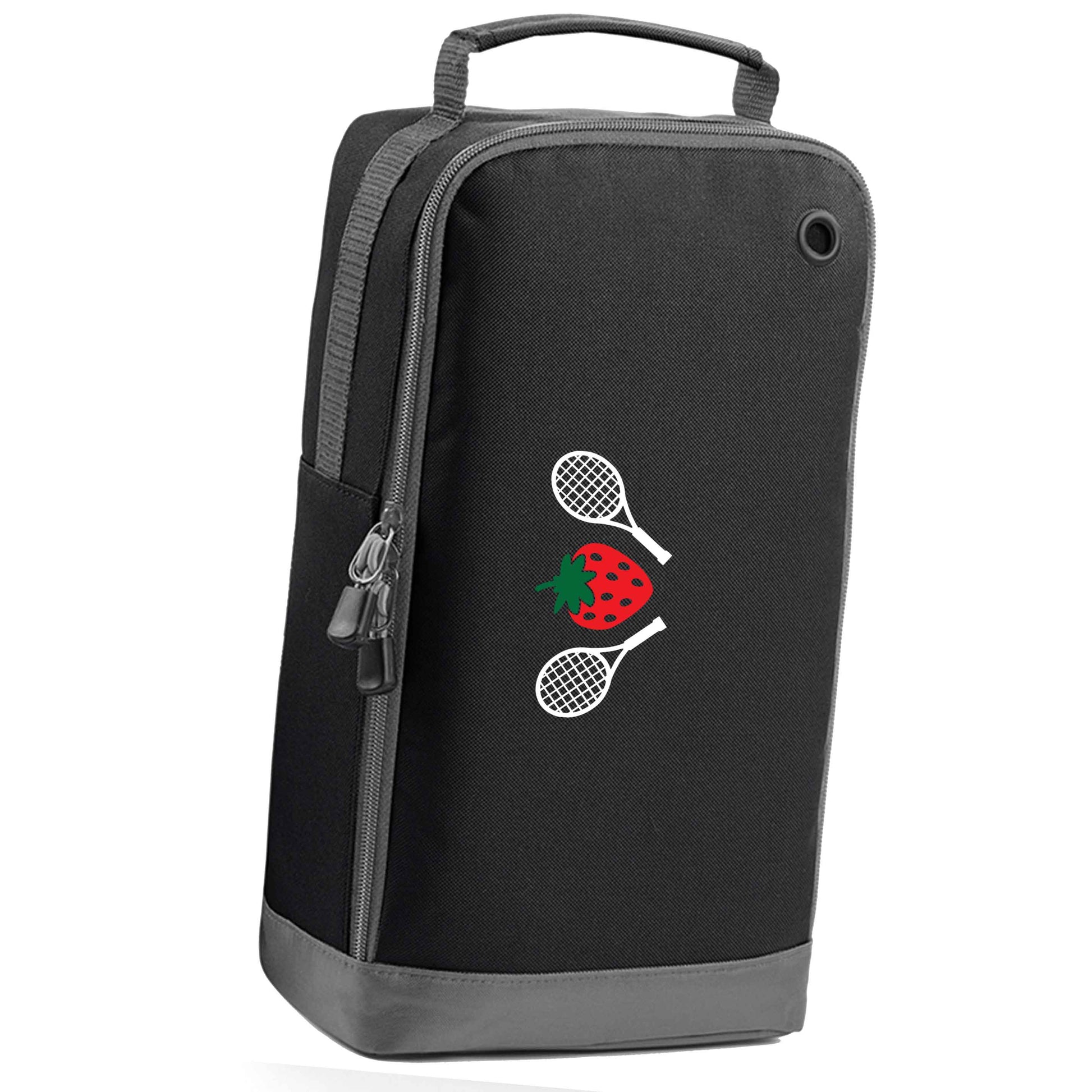 Strawberry and tennis black sports shoe bag horizontal print