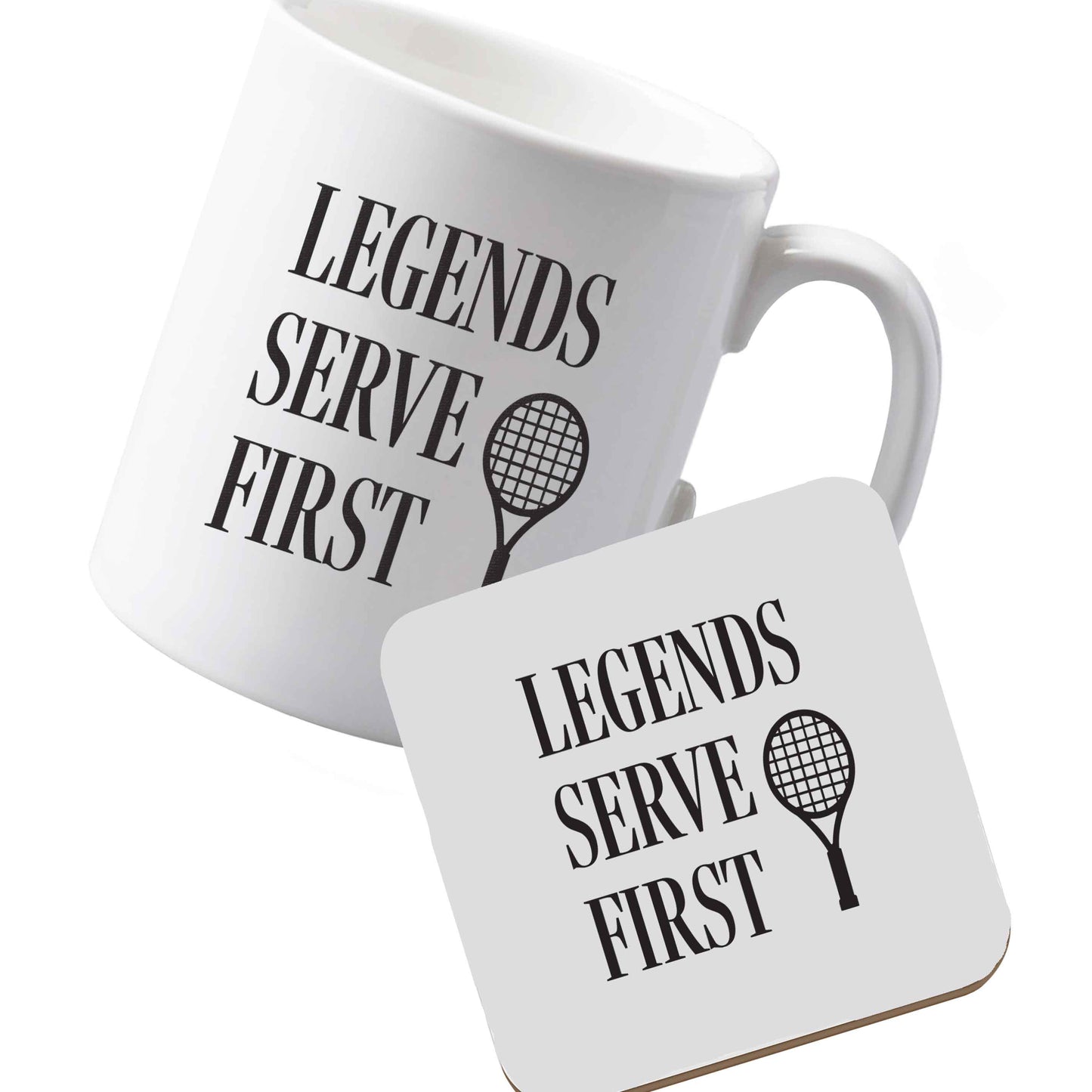 10 oz Ceramic mug and coaster Legends serve first left sided