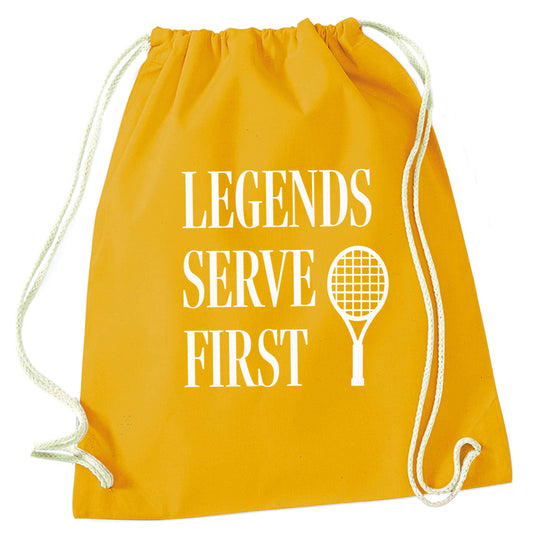 Legends serve first mustard drawstring bag
