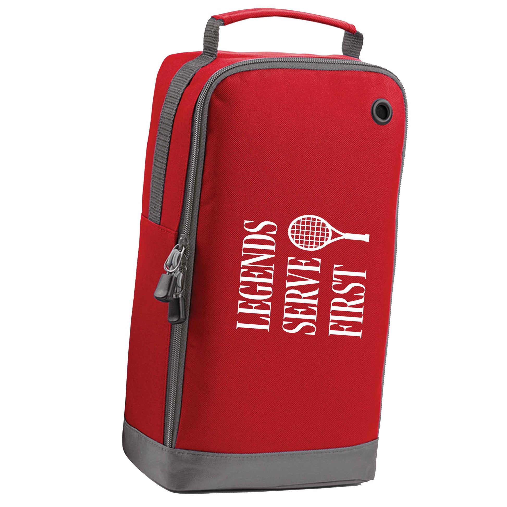 Legends serve first red sports shoe bag vertical print