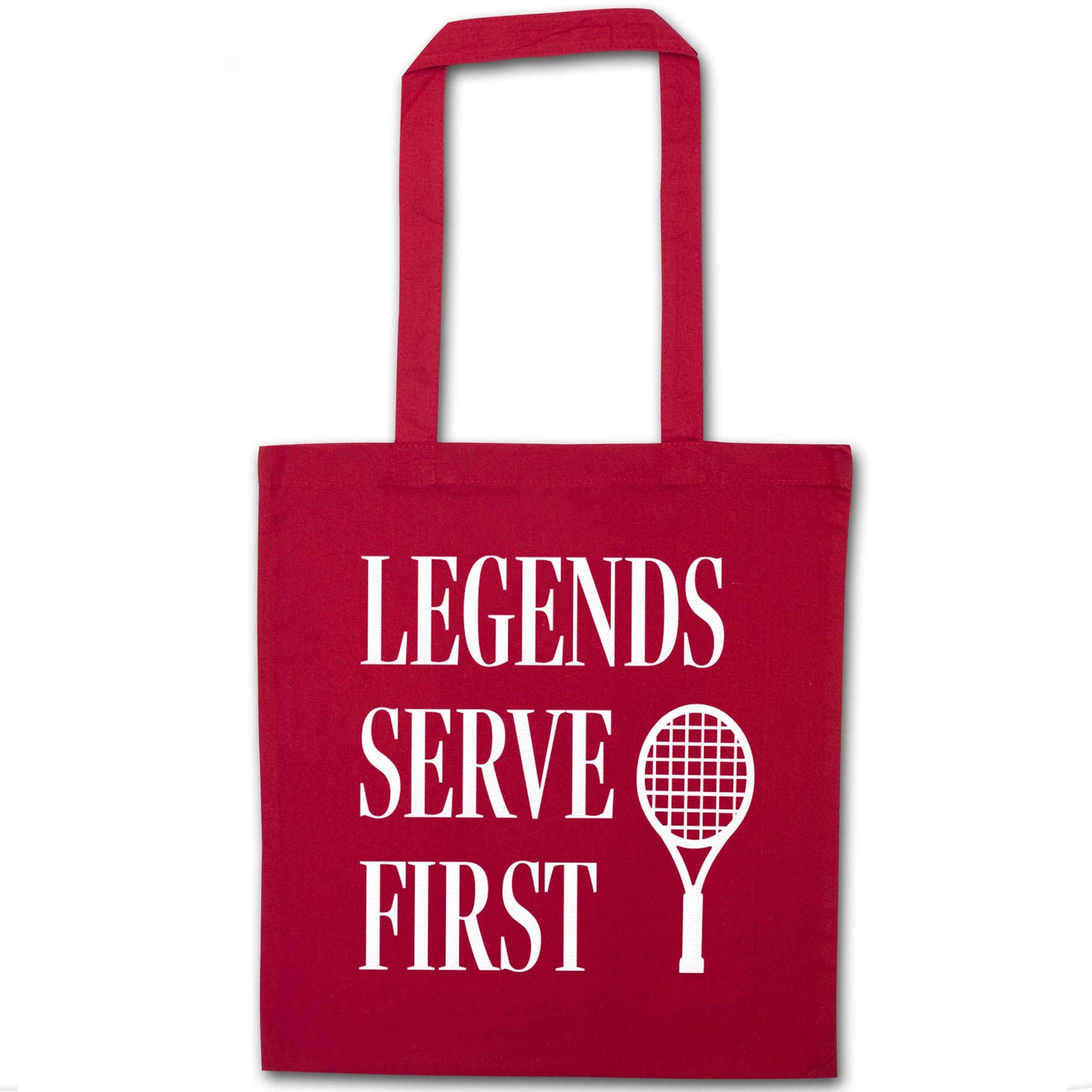 Legends serve first red tote bag