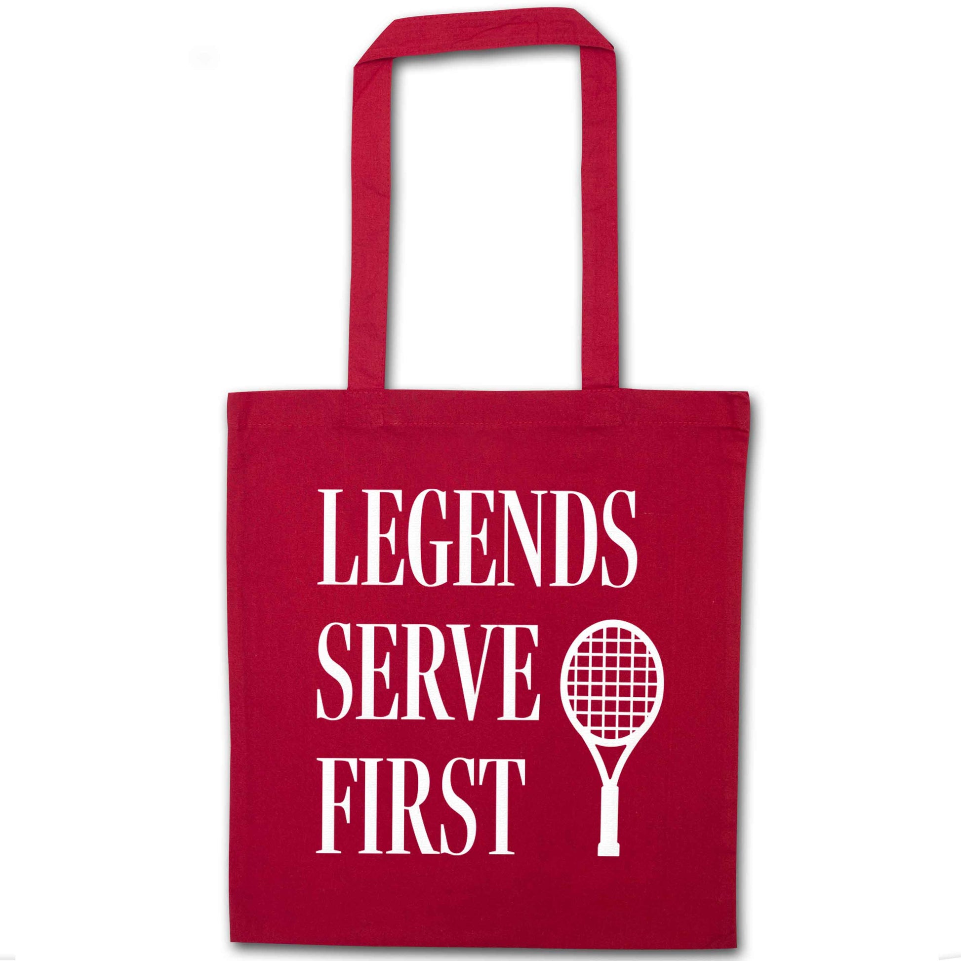 Legends serve first red tote bag