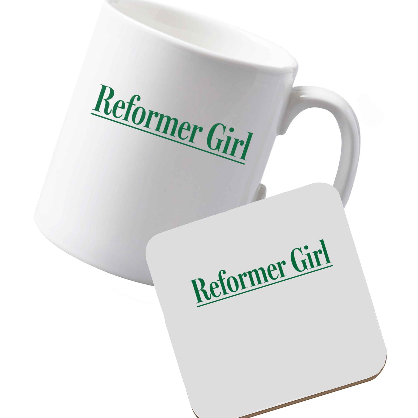 10 oz Ceramic mug and coaster Reformer girl left sided