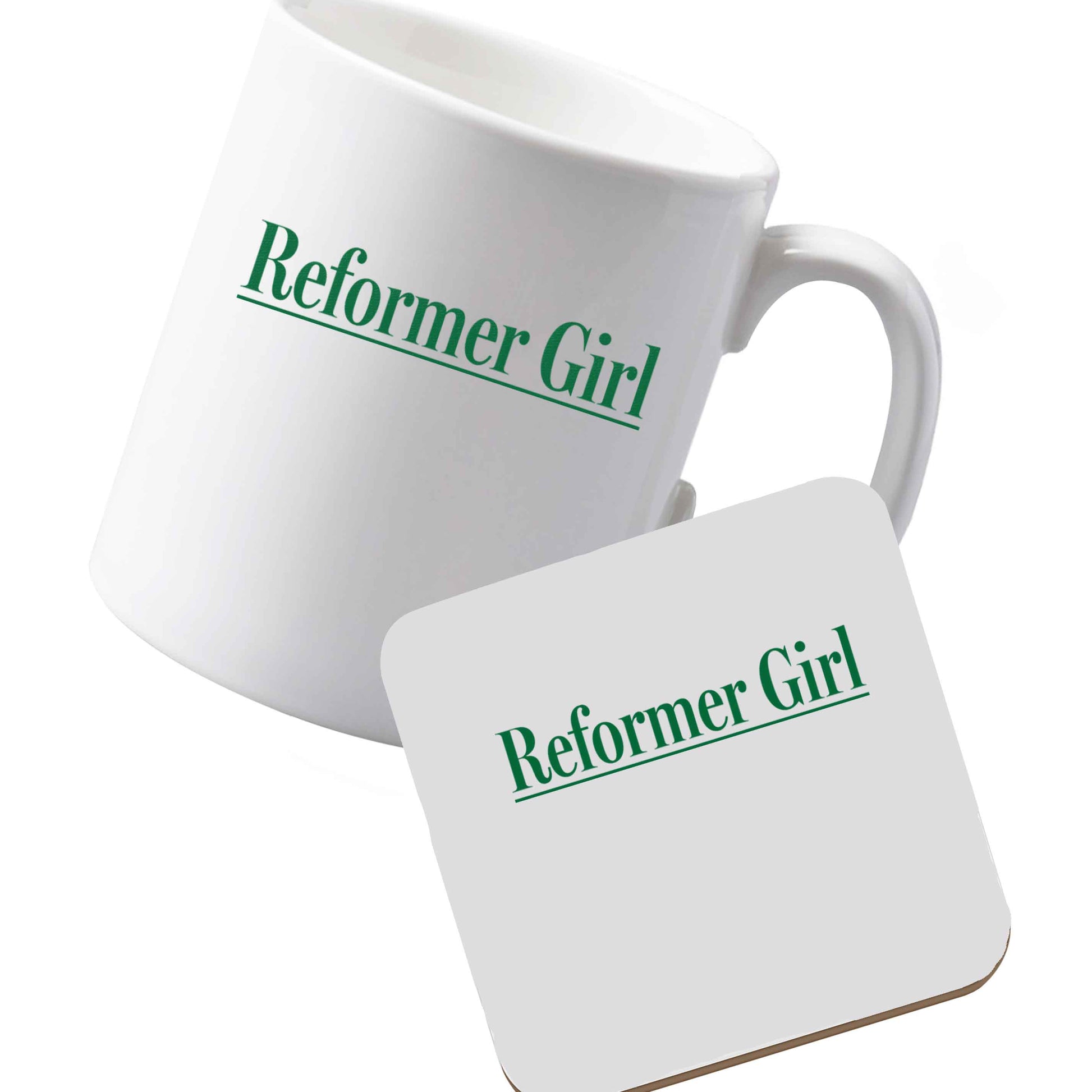 10 oz Ceramic mug and coaster Reformer girl left sided
