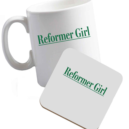 10 oz Ceramic mug and coaster Reformer girl both sides