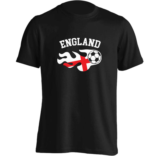 Flaming football England flag adults unisex black Tshirt 2XL