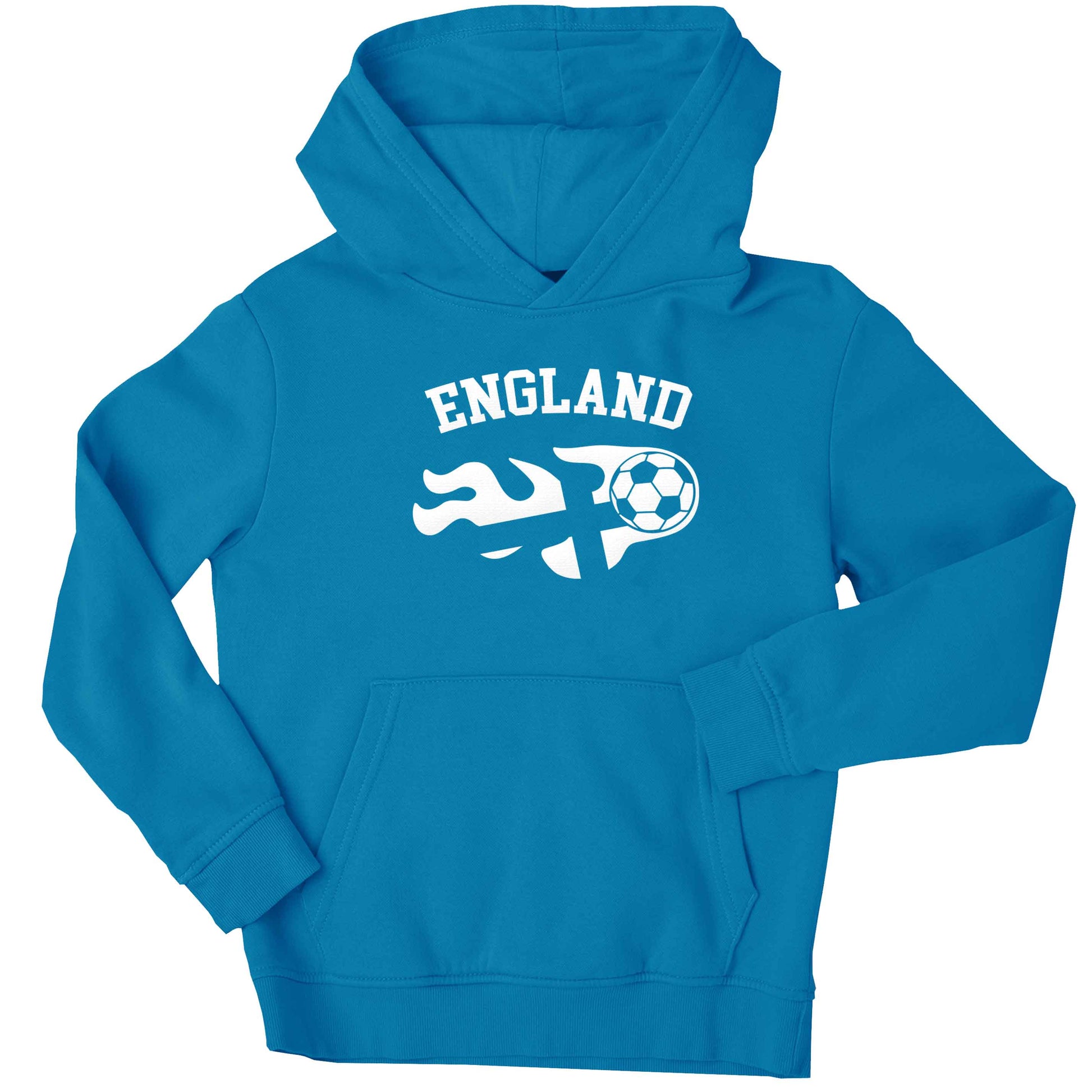 Flaming football England flag children's blue hoodie 12-13 Years