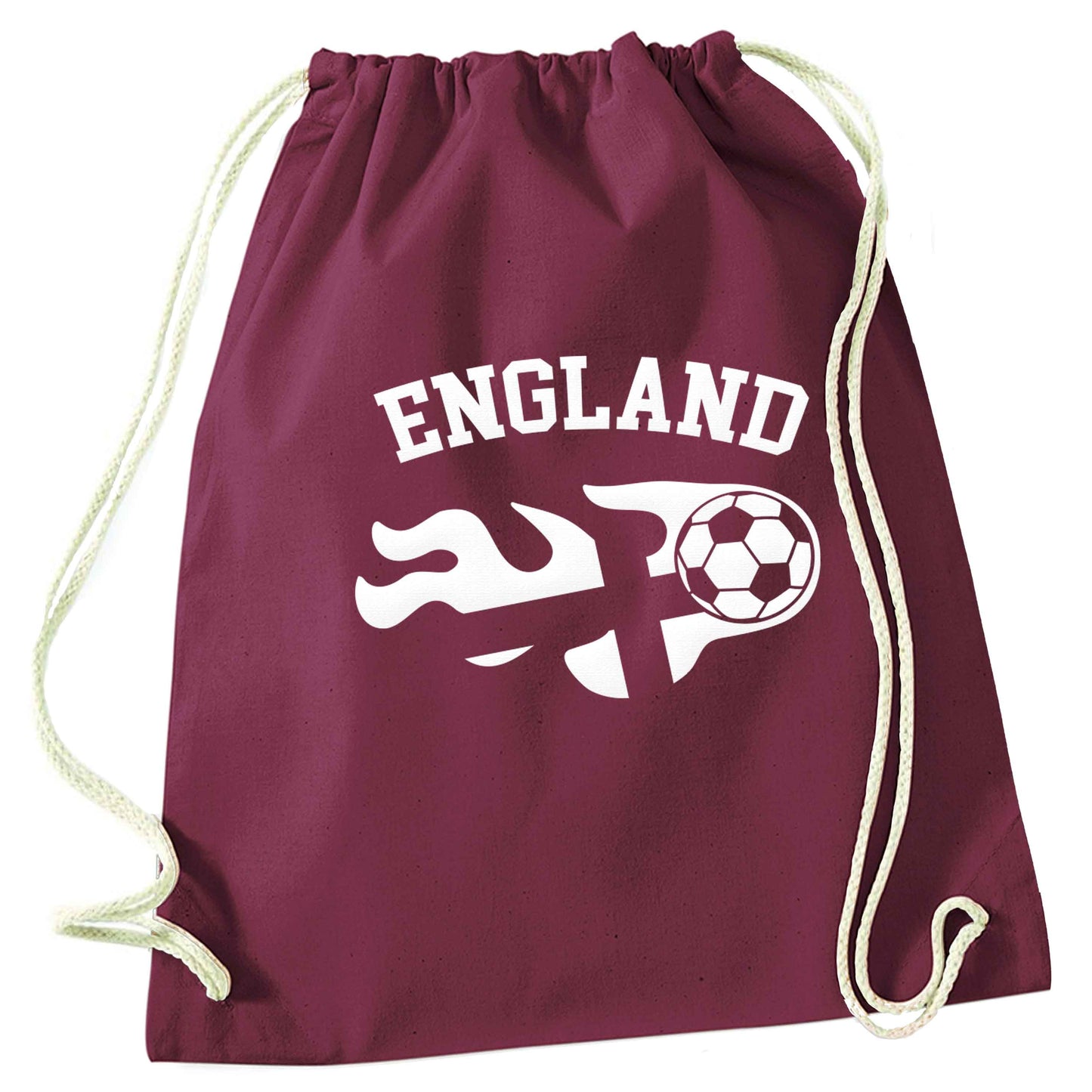 Flaming football England flag maroon drawstring bag