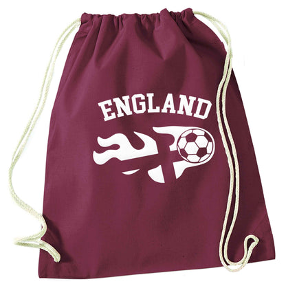 Flaming football England flag maroon drawstring bag