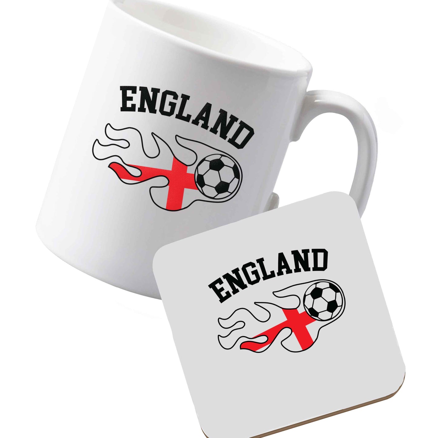 10 oz Ceramic mug and coaster Flaming football England flag left sided