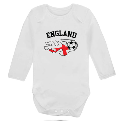 Flaming football England flag baby bodysuit long sleeved white 6-12 months