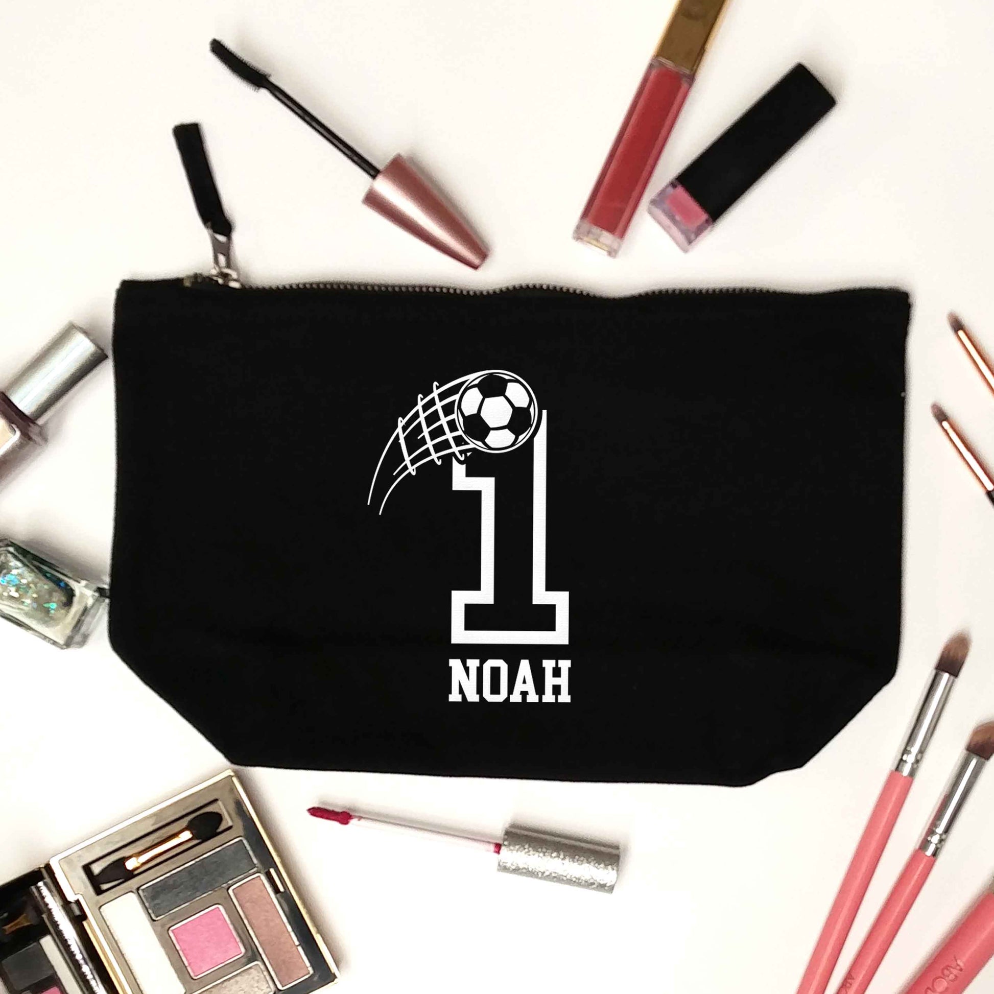 Personalised football number black makeup bag