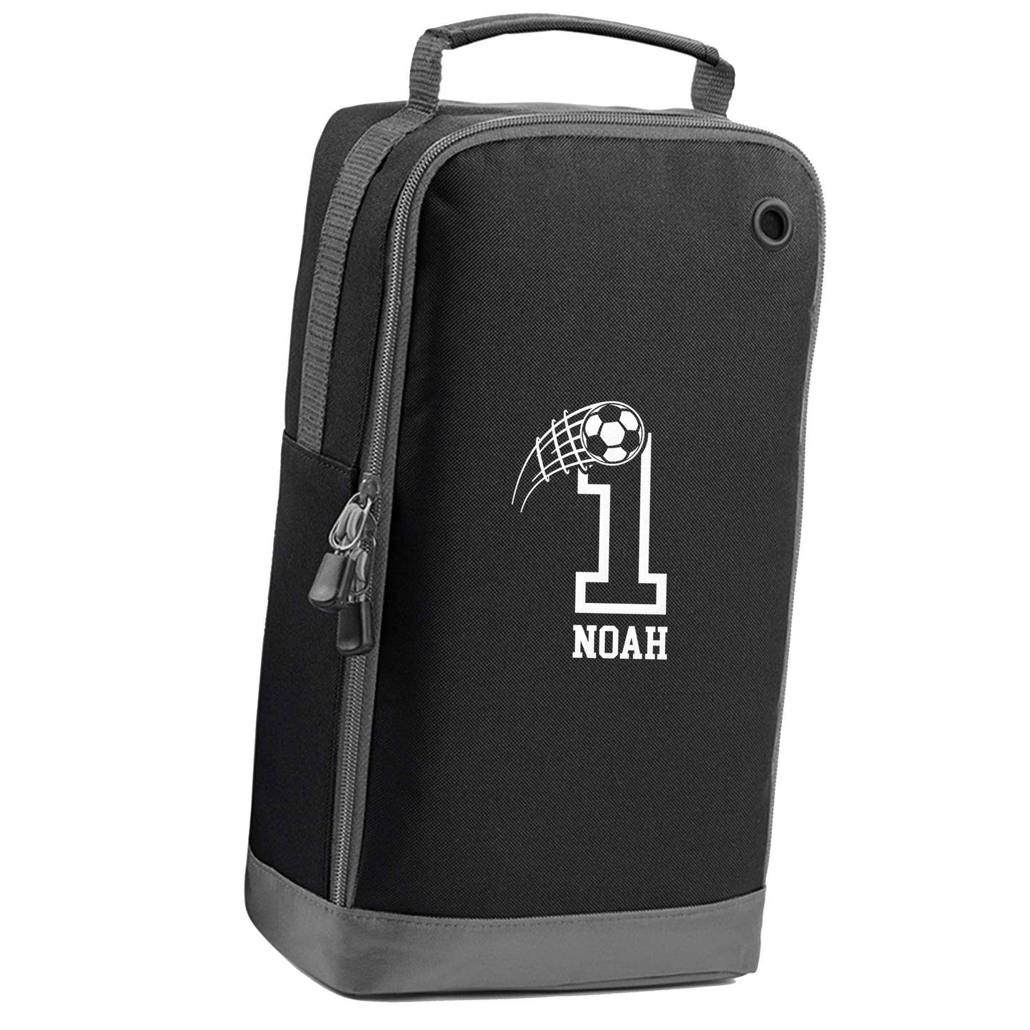 Personalised football number black sports shoe bag vertical print