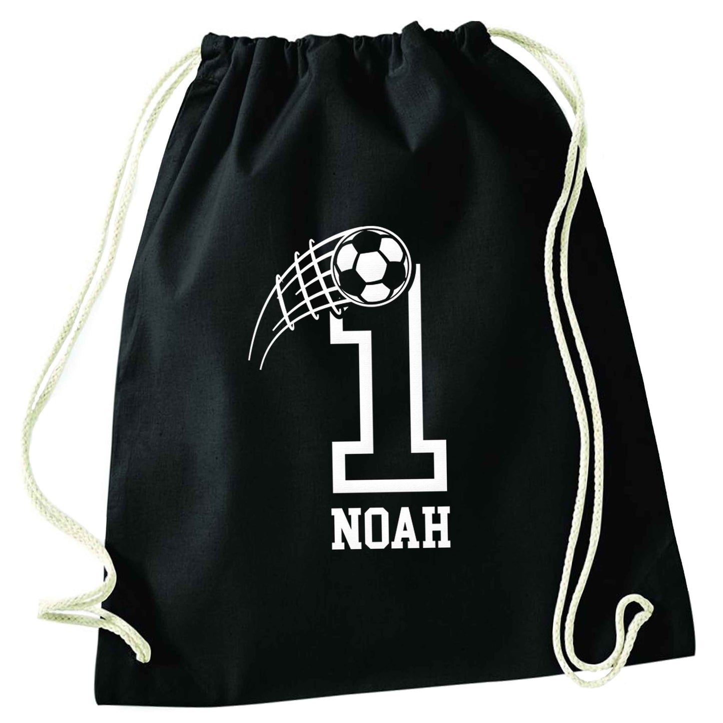 Personalised football number black drawstring bag