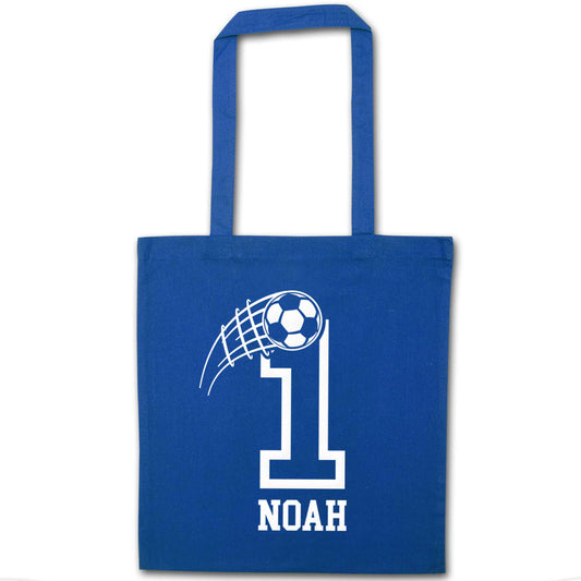 Personalised football number blue tote bag