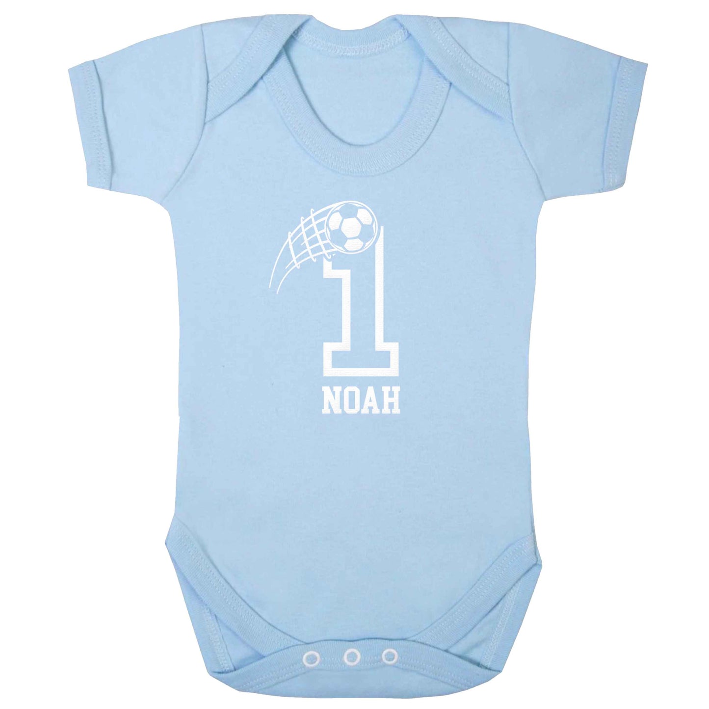 Personalised football number baby bodysuit pale blue 18-24 months