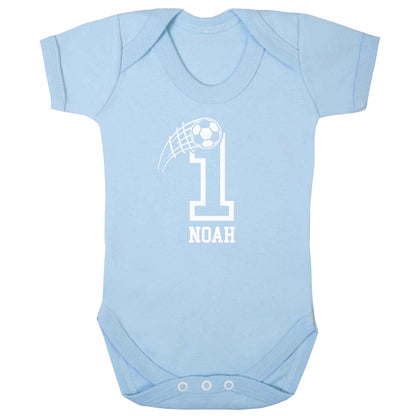 Personalised football number baby bodysuit pale blue 18-24 months