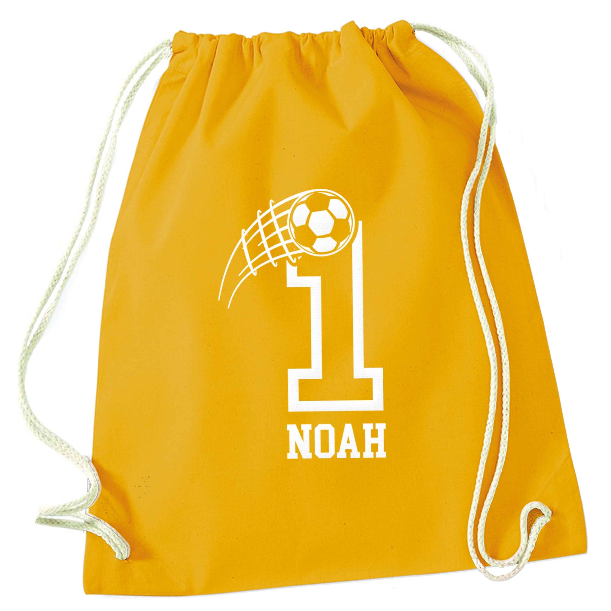 Personalised football number mustard drawstring bag