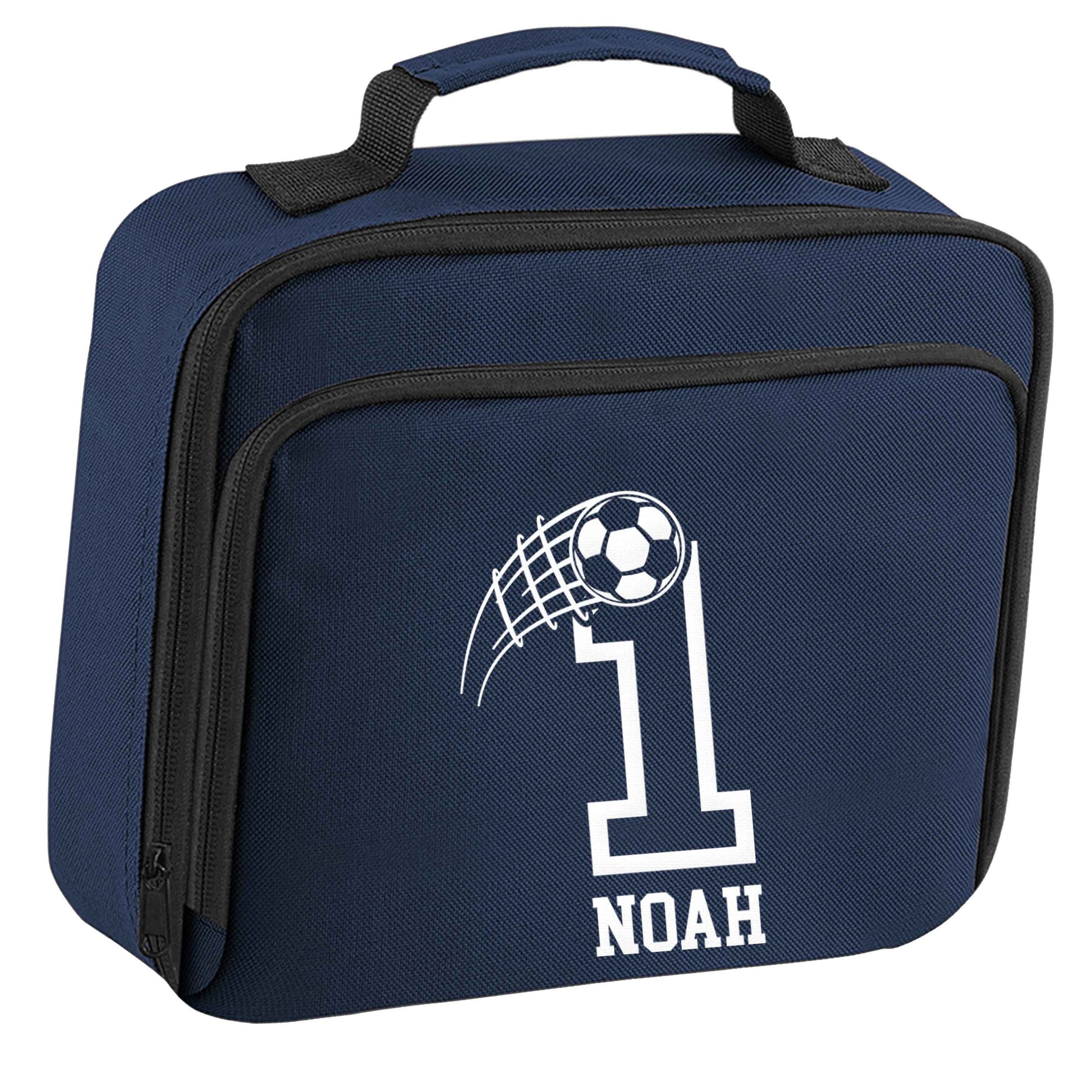 Personalised football number insulated navy lunch bag cooler