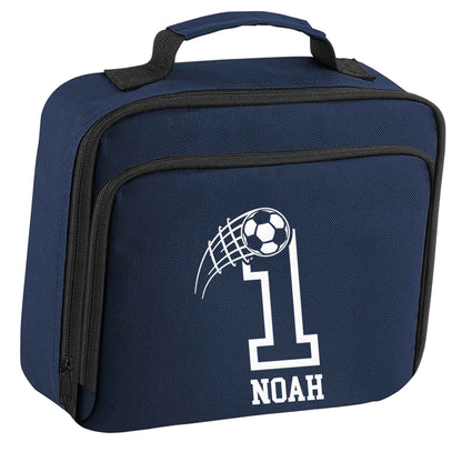 Personalised football number insulated navy lunch bag cooler
