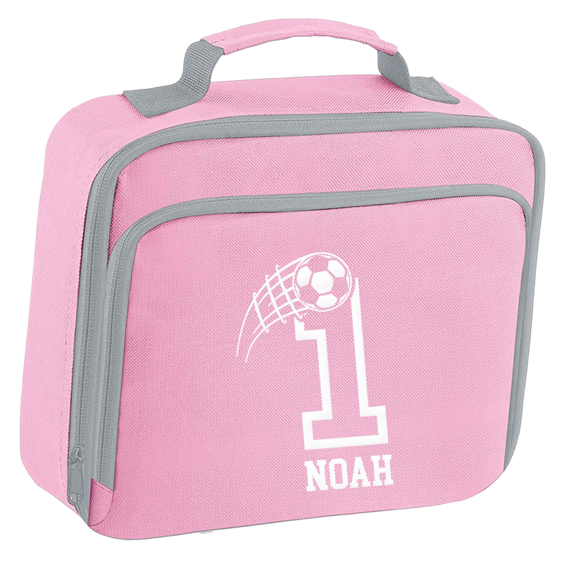 Personalised football number insulated pink lunch bag cooler