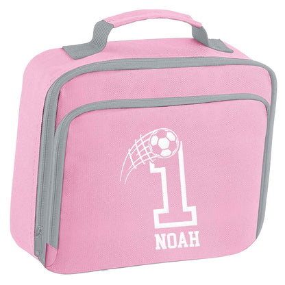 Personalised football number insulated pink lunch bag cooler