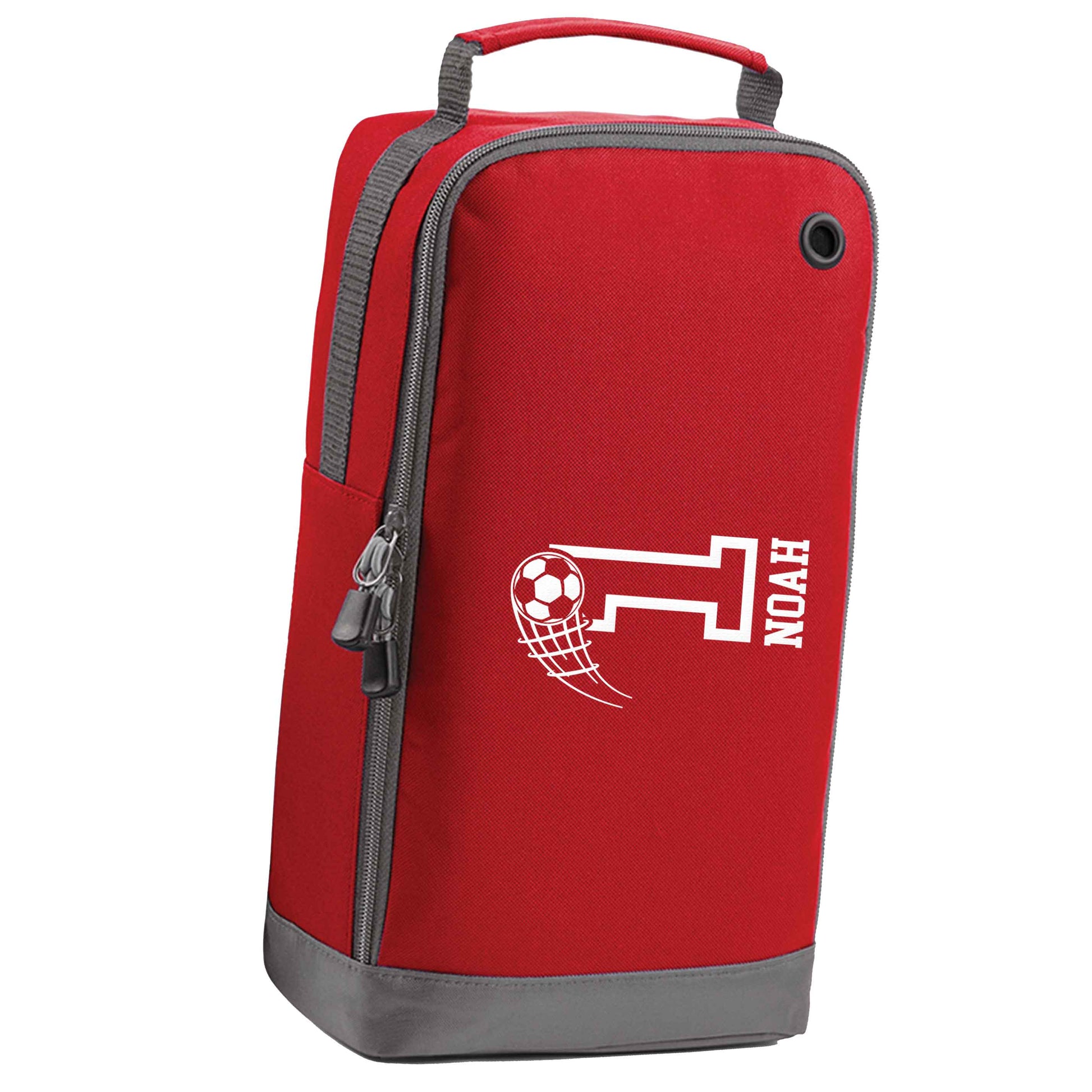 Personalised football number red sports shoe bag vertical print