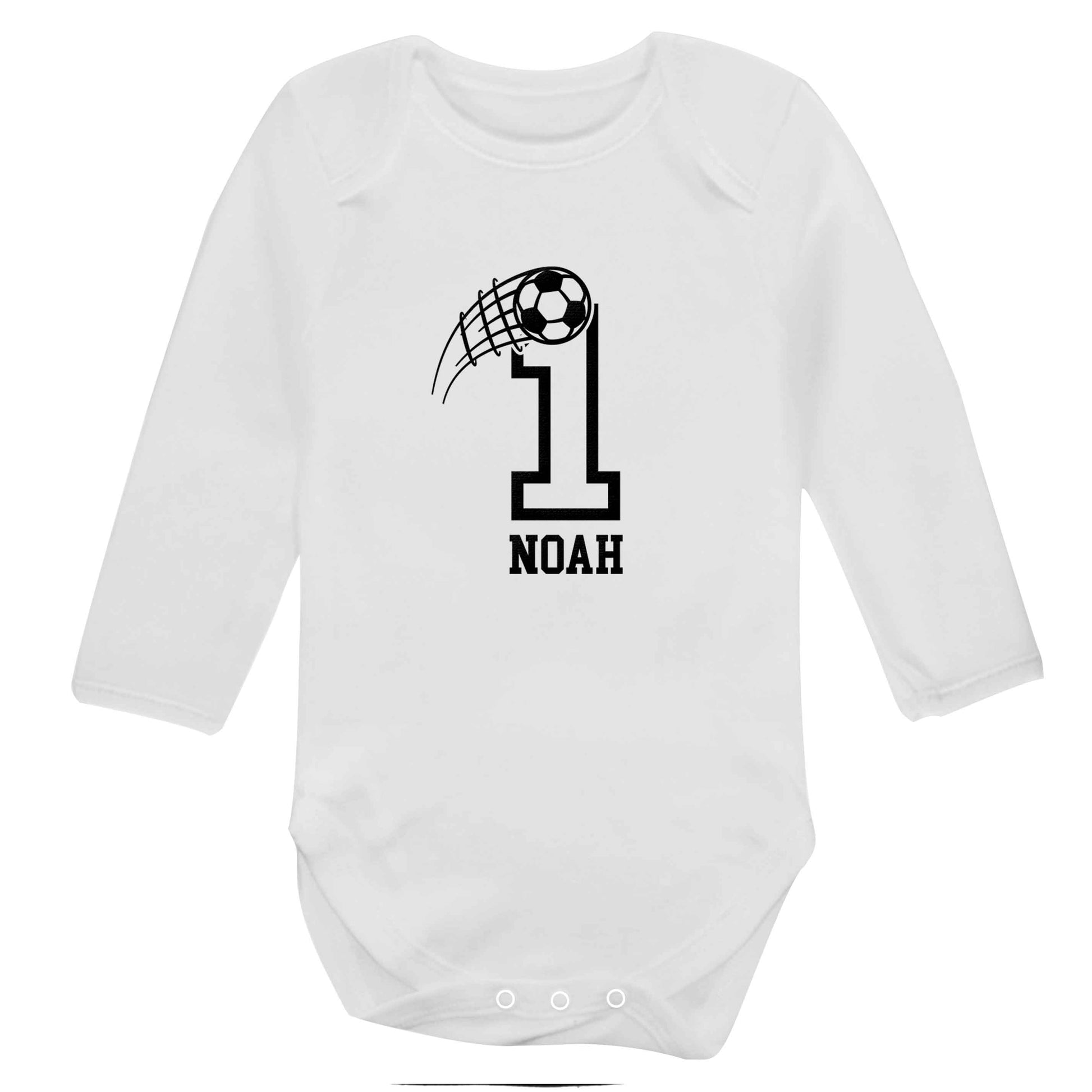 Personalised football number baby bodysuit long sleeved white 6-12 months